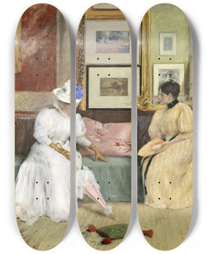 Triptych art skateboard deck of William Merritt Chase A Friendly Call by William Merritt Chase (1849-1916)