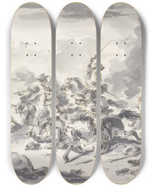 Triptych art skateboard deck of Charles Parrocel Reitergefecht Rechts Eine Burg by Charles Parrocel (1688-1752)