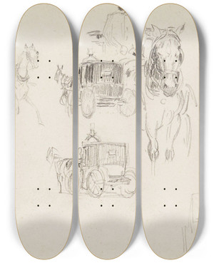 Triptych art skateboard deck of Frdric Houbron Fiacres Et Omnibus by Frederic Houbron (1851-1908)