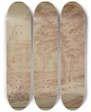 Triptych art skateboard deck of Frans Boudewijns Landschaft Links Ein Schlo Rechts Bume Vorne Zwei Knaben Am Wege Sitzend by Frans Boudewijns