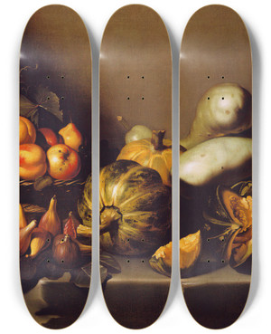 Triptych art skateboard deck of Caravaggio Still Life With Fruit by Caravaggio (1571-1610)