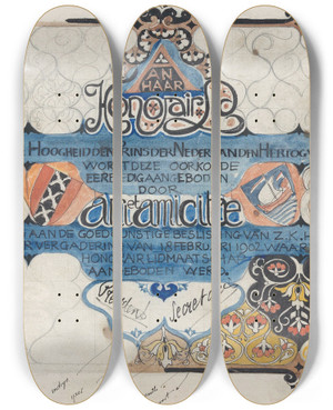 Triptych art skateboard deck of Carel Adolph Lion Cachet Ontwerp Voor Een Oorkonde Van Arti En Amicitiae Voor Prins Hendrik Bij Zijn Erelidmaatschap In 1902 by Carel Adolph Lion Cachet (1864-1945)