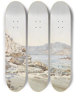 Triptych art skateboard deck of Ferdinand Keller Meeresbucht Bei Rio De Janeiro by Ferdinand Keller (1842-1922)