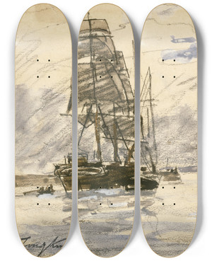 Triptych art skateboard deck of Johan Barthold Jongkind Port De Honfleur by Johan Barthold Jongkind (1819-1891)