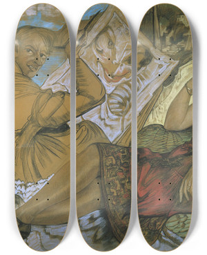 Triptych art skateboard deck of Stanisaw Ignacy Witkiewicz Womans Duplicity Selfportrait With A Portrait Of Maryla Grossmanowa by Stanislaw Ignacy Witkiewicz (1885-1939)