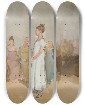 Triptych art skateboard deck of Edwin Austin Abbey Sketch Of A Woman In An Interior by Edwin Austin Abbey (1852-1911)
