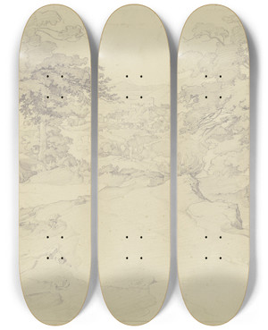 Triptych art skateboard deck of August Lucas Blick Zwischen Bumen Auf Olevano by August Lucas (1803-1863)