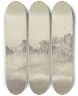 Triptych art skateboard deck of Christian Georg Schtz The Younger Felsengruppe Auf Einer Bewaldeten Berghhe Im Harz by Christian Georg Schutz The Younger (1758-1823)