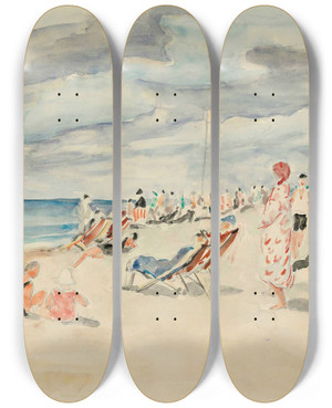 Triptych art skateboard deck of Henri Lebasque La Plage De Deauville by Henri Lebasque (1865-1937)