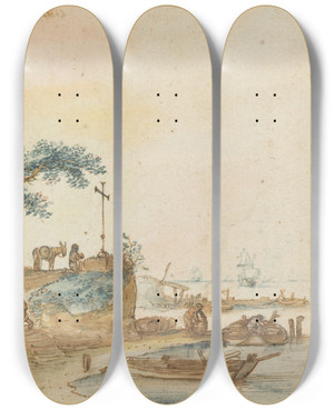 Triptych art skateboard deck of Hendrick Avercamp Scene With A Tower To The Left by Hendrick Avercamp (1585-1634)