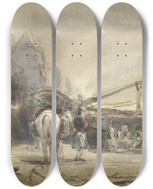 Triptych art skateboard deck of Herman Frederik Carel Ten Kate Strandgezicht Met Boten En Vissers by Herman Frederik Carel Ten Kate (1822-1891)
