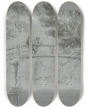 Triptych art skateboard deck of Hendrik Spilman Holzbrcke Ber Einem Kanal Darauf Zwei Mnner by Hendrik Spilman (1721-1784)