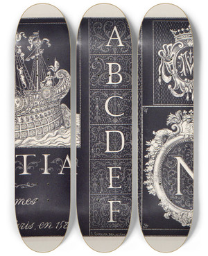 Triptych art skateboard deck of Douard Guichard Les Petits Alphabets Du Brodeur Pl15 by douard Guichard (1815-1889)