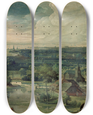 Triptych art skateboard deck of Hans Bol River Landscape by Hans Bol (1534-1593)