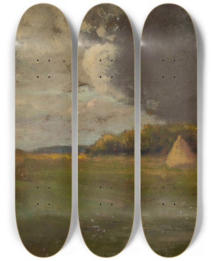 Triptych art skateboard deck of Jan Stanislawski Landscape With A Haystack by Jan Stanislawski (1860-1907)