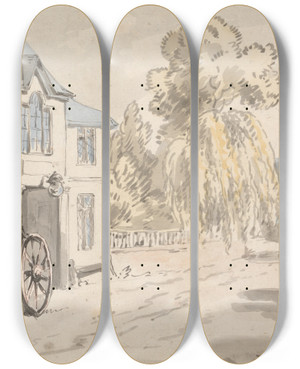 Triptych art skateboard deck of Samuel Howitt Riders Outside An Inn by Samuel Howitt (1756-1822)