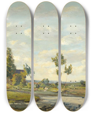 Triptych art skateboard deck of Henrijoseph Harpignies Lavandires Au Bord De La Rivire by Henri Joseph Harpignies (1819-1916)