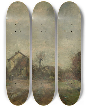 Triptych art skateboard deck of Rudolf Hckner Husergruppe In Landschaft by Rudolf Hockner (1864-1942)