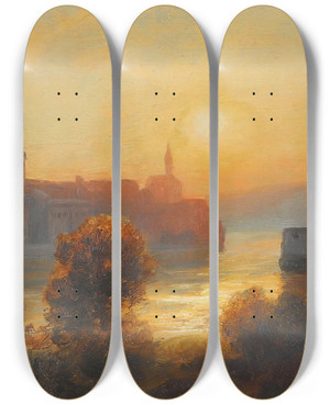 Triptych art skateboard deck of Anton Hlavacek Sonnenuntergang Bei Passau An Der Donau by Anton Hlavacek (1842-1926)