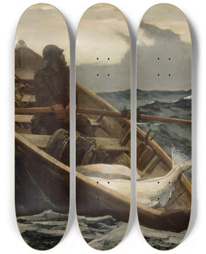 Triptych art skateboard deck of Winslow Homer The Fog Warning by Winslow Homer (1836-1910)