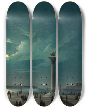 Triptych art skateboard deck of Luigi Querena Venice The Piazzetta In The Moonlight by Luigi Querena (1820-1887)