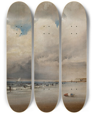Triptych art skateboard deck of James Hamilton Beach Scene With Dramatic Sky by James Hamilton (1819-1878)