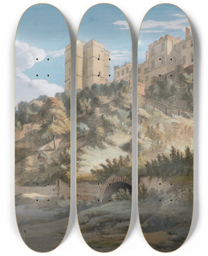 Triptych art skateboard deck of Paul Sandby The Hundred Steps And Winchester Tower Windsor Castle Berkshire by Paul Sandby (1731-1809)