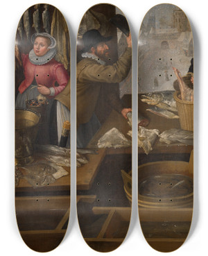 Triptych art skateboard deck of Lucas Van Valckenborch Fishmarket by Lucas Van Valckenborch (1530-1597)