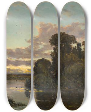 Triptych art skateboard deck of Hippolyte Camille Delpy A River Landscape At Dusk by Hippolyte Camille Delpy (1842-1910)