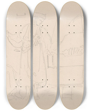 Triptych art skateboard deck of Adolph Tidemand Kvinner Og Barn I Interir by Adolph Tidemand (1814-1876)