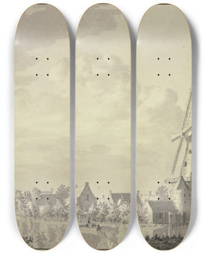 Triptych art skateboard deck of Paulus Van Liender Buyten De Benscoper Poort Te Uferflyn by Paulus Van Liender (1731-1797)