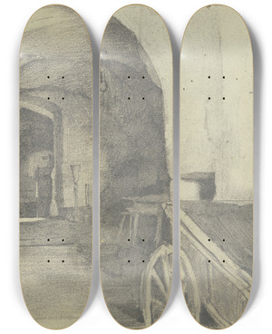 Triptych art skateboard deck of Rudolf Hirth Du Frnes Interieur Aus Sterzing Tirol by Rudolf Hirth du Frnes (1846-1916)