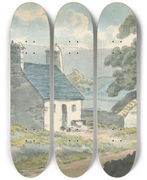Triptych art skateboard deck of Thomas Bradshaw Two Stone Cottages by Thomas Bradshaw (1767) Triptych art skateboard deck of Thomas Bradshaw Two Stone Cottages by Thomas Bradshaw (1767)