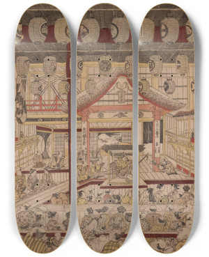 Triptych art skateboard deck of Okumura Masanobu Perspective View Of The Interior Of The Nakamura Theater With Ichikawa Ebizo Ii As Yanone Goro by Okumura Masanobu (1686-1764)