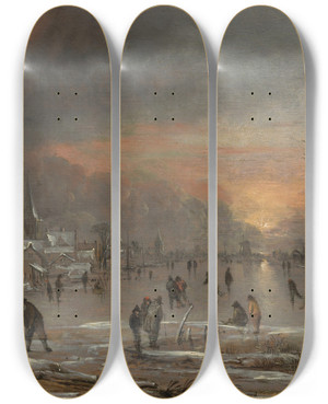 Triptych art skateboard deck of Aert Van Der Neer Sports On A Frozen River by Aert van der Neer (1603-1677)