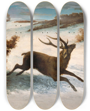 Triptych art skateboard deck of Gustave Courbet Deer Running In The Snow by Gustave Courbet (1819-1877)