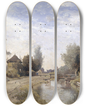 Triptych art skateboard deck of Paul Joseph Constantin Gabril Landscape Near Kortenhoef by Paul Joseph Constantin Gabriel (1828-1903)