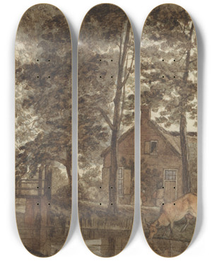 Triptych art skateboard deck of Hendrik Abraham Klinkhamer Boerderij Met Drinkende Koe Aan De Biltstraat Te Utrecht by Hendrik Abraham Klinkhamer (1810-1872)