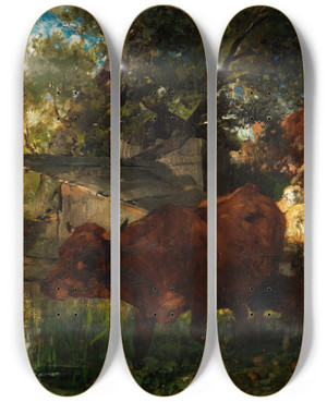 Triptych art skateboard deck of Heinrich Von Zgel Khe Und Schafe An Der Trnke by Heinrich Von Zugel (1850-1941)