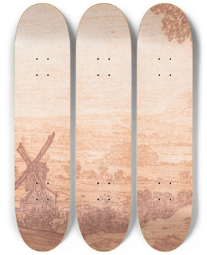 Triptych art skateboard deck of Jan Baptist Weenix An Extensive Panoramic Landscape With A Windmill by Jan Baptist Weenix (1621-1660)