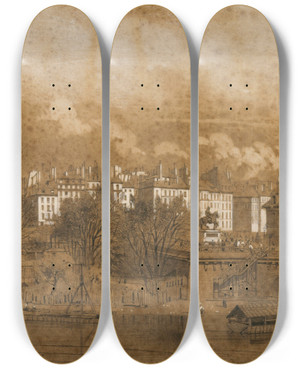 Triptych art skateboard deck of Louis Bentabole Vue De La Pointe De Lle De La Cit Du Pont Neuf Et Des Quais Du Louvre Et De La Mgisserie by Louis Bentabole (1820-1880)