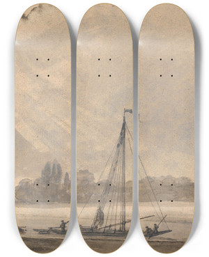 Triptych art skateboard deck of Johan Christian Dahl View Of The Elbe Near Dresden by Johan Christian Dahl (1788-1857)