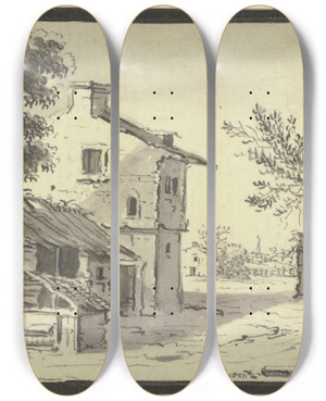 Triptych art skateboard deck of Johann Ludwig Aberli Strae In Einem Dorf by Johann Ludwig Aberli (1723-1786)