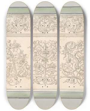 Triptych art skateboard deck of Johann Daniel Preissler Design For Orthographia Pl2 by Johann Daniel Preissler (1666-1737)