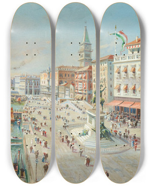 Triptych art skateboard deck of Antonietta Brandeis Venice A Birds Eye View With Santa Maria Della Salute In The Distance by Antonietta Brandeis (1848-1926)