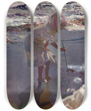 Triptych art skateboard deck of Joaqun Sorolla Buscando Mariscos Playa De Valencia by Joaquin Sorolla (1863-1923)