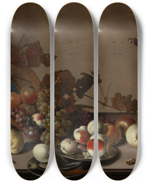 Triptych art skateboard deck of Balthasar Van Der Ast A Fruit Still Life With A Wicker Basket Shells And A Butterfly by Balthasar Van Der Ast (1593-1657)