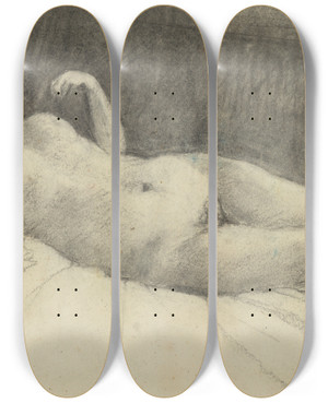 Triptych art skateboard deck of Kontantn Bauer Akt Leiacej Eny by Konstantin Bauer (1893-1928)