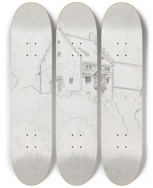 Triptych art skateboard deck of Hans Gude House Outside Berlingen by Hans Gude (1825-1903)