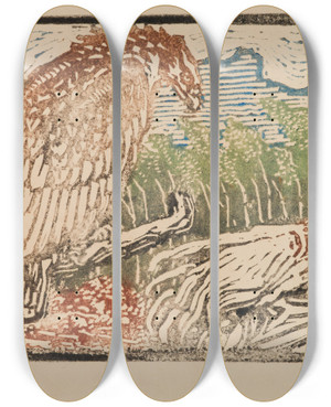 Triptych art skateboard deck of Akseli Gallenkallela The Great Kalevala Woodcut Print Of Vinminen And The Eagle_2 by Akseli Gallen Kallela (1865-1931)